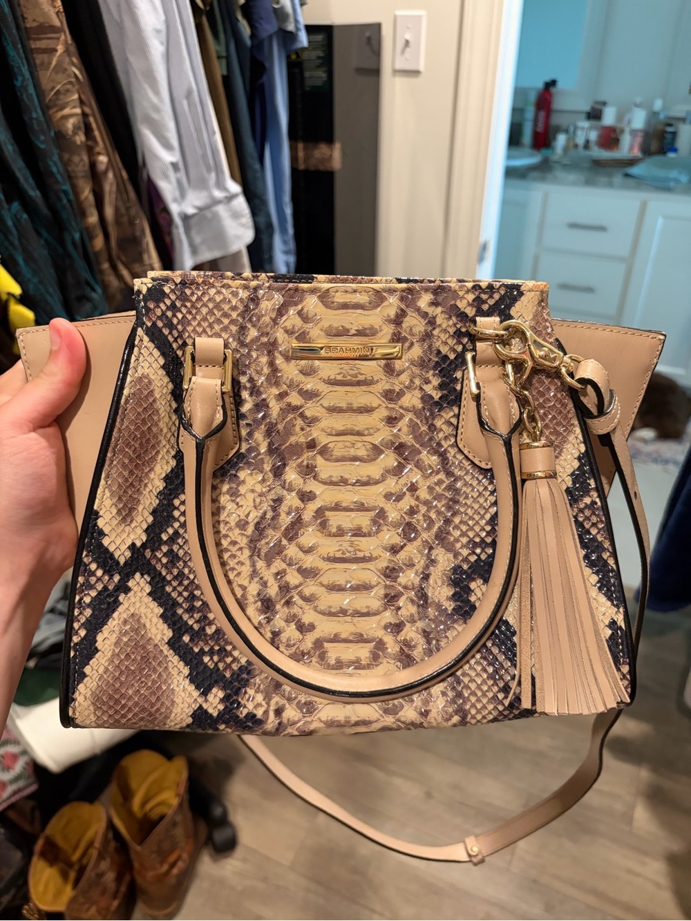 Brahmin Taupe and Beige Python-Print Satchel with Tassel - Picture 5 of 5